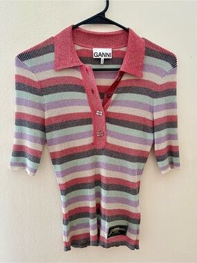 Ganni Sparkly Rib-Knit Polo Shirt Size S
